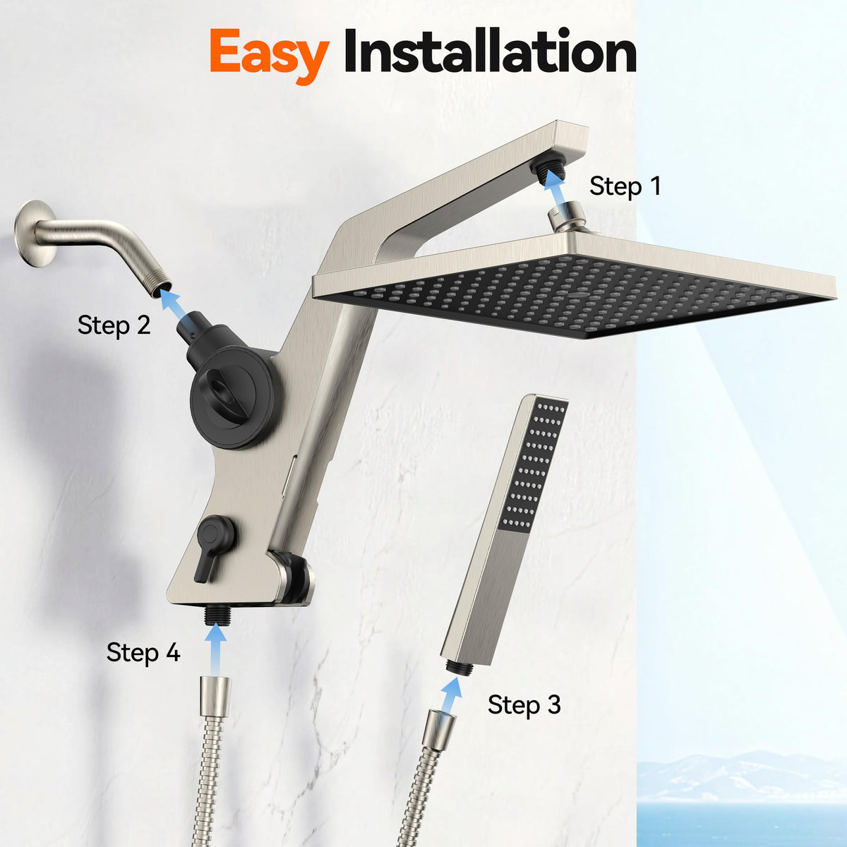 MakeFit tool-free installation fits standard G1/2-inch shower arms.