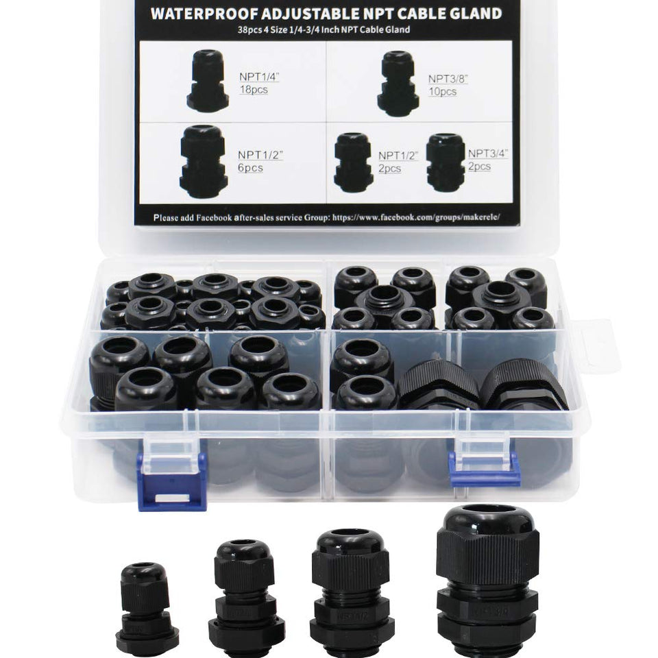 MAKERELE NPT cable glands kit laid out for 1/4 inch cables, outdoor-ready.