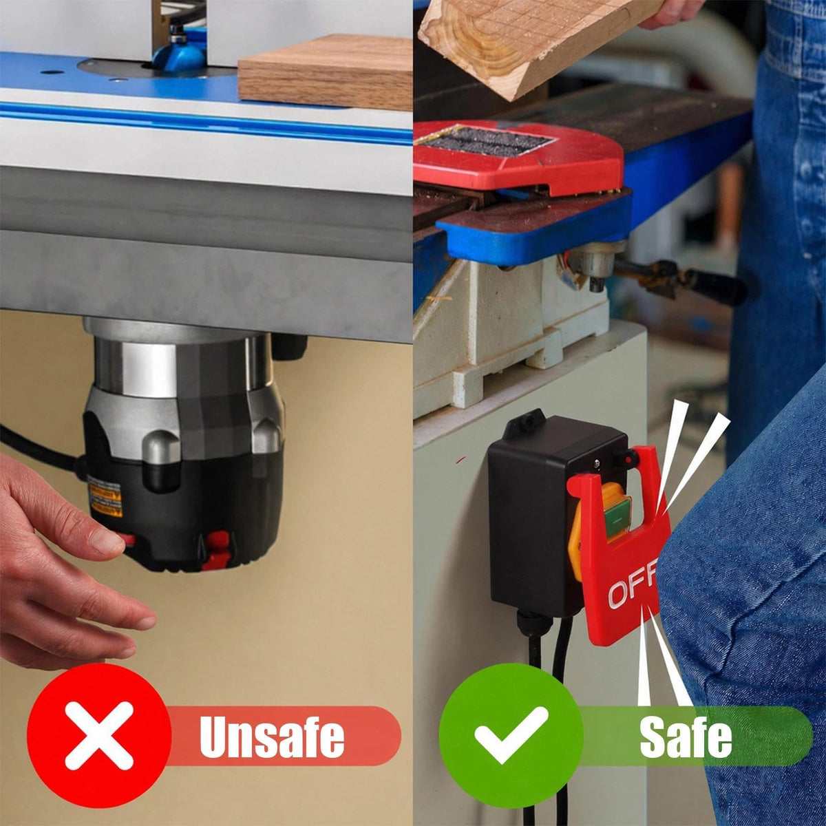 Makevivi paddle switch mounted on workbench for easy reach.