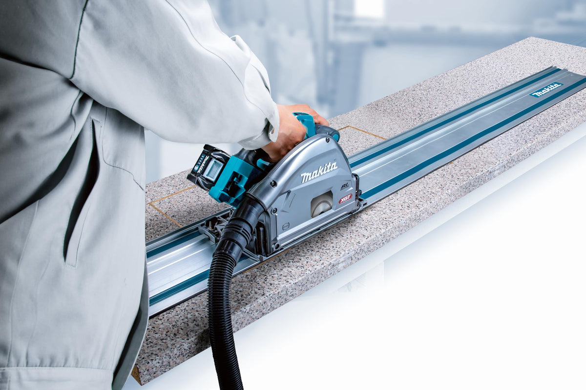 Makita guide rail end cap and connectors shown for quick setup and alignment