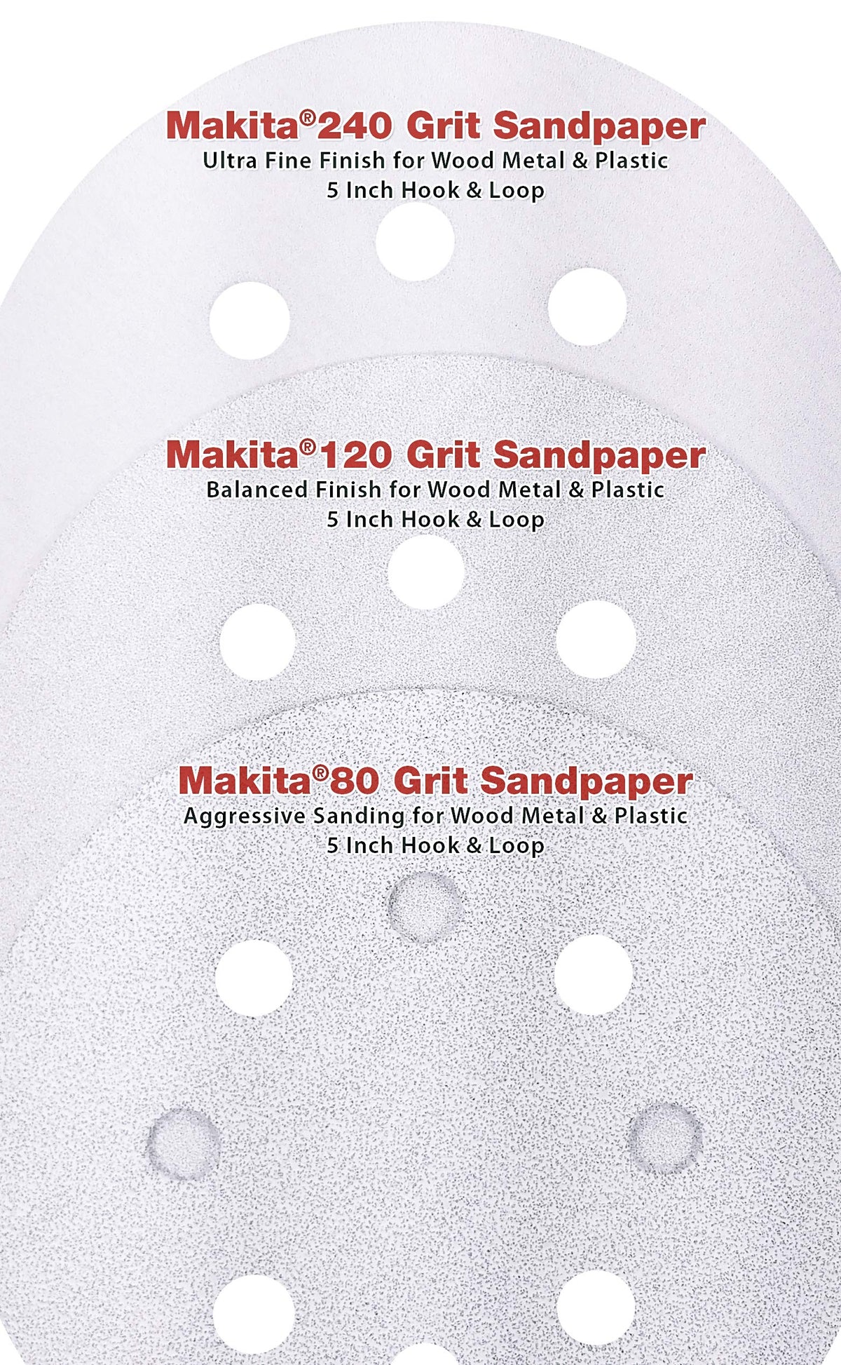 Makita 120-grit discs for smoothing wood and metal surfaces