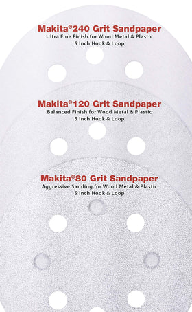 Makita 120-grit discs for smoothing wood and metal surfaces