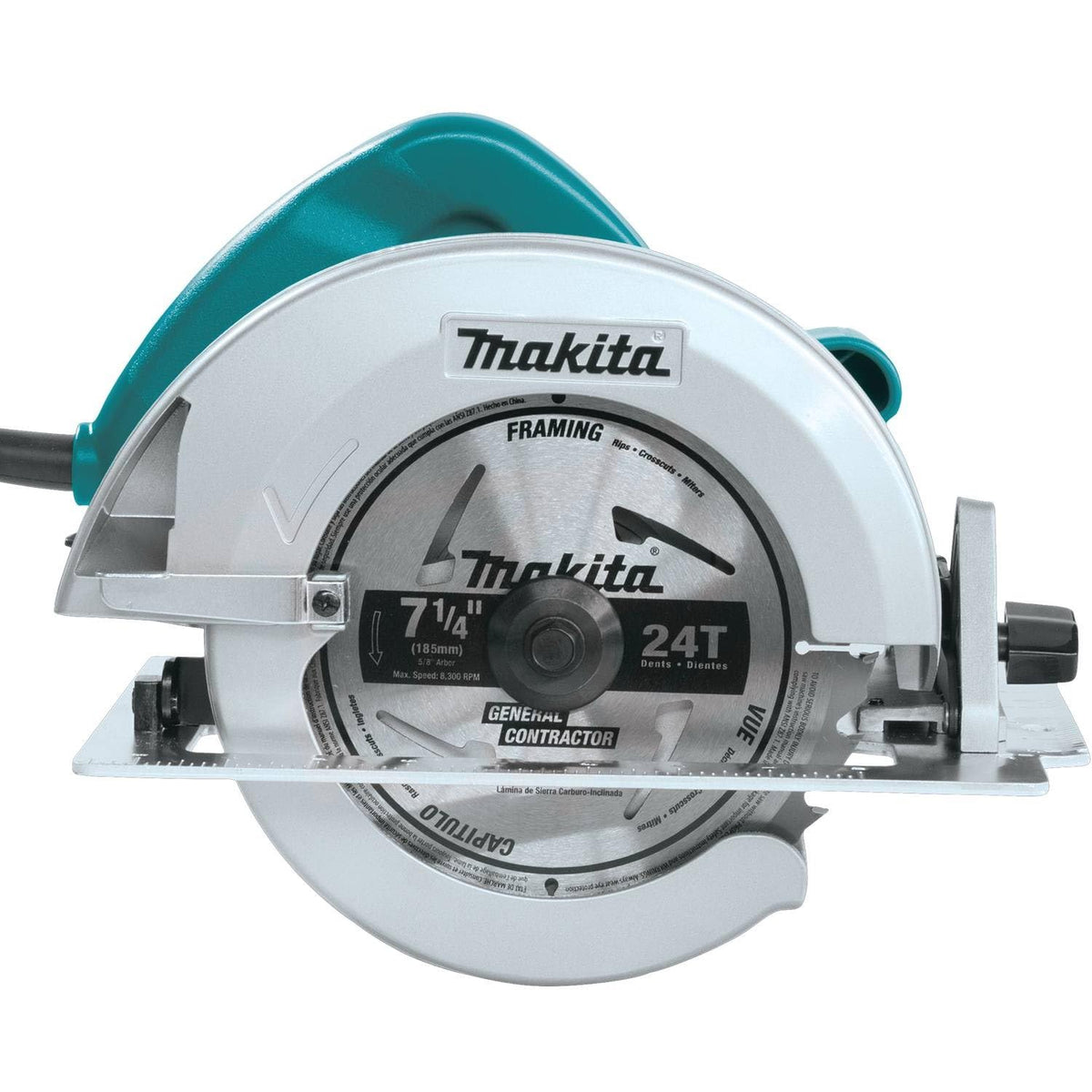 Makita 5007F motor close-up emphasizing 15A power for tough cuts.
