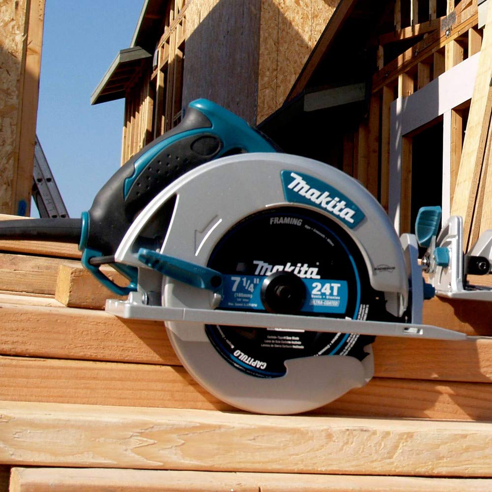Makita 5007MG carry-case image shows organized tool storage for site transport.