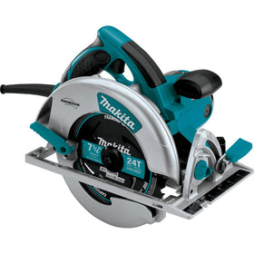 Makita 5007MG magnesium circular saw front view shows lightweight, balanced design for easy maneuverability on site.