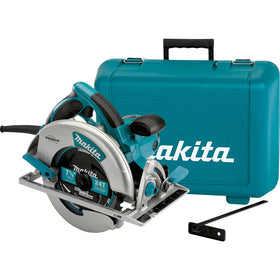 Makita 5007MG magnesium circular saw side view highlights durable magnesium build and reduced weight for handling.