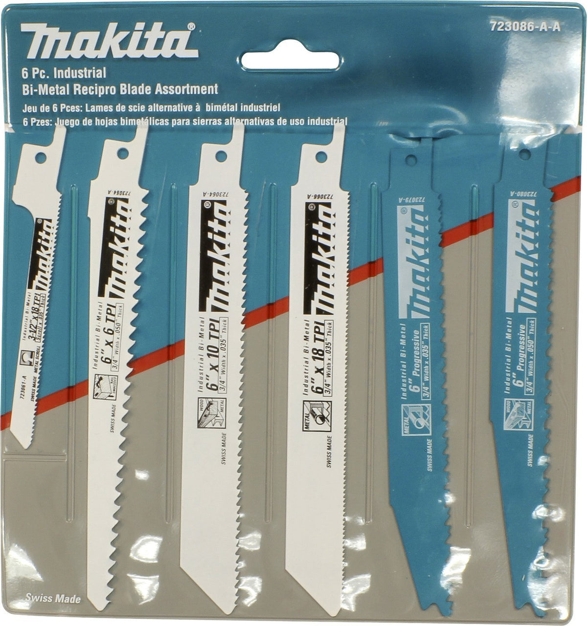 Close-up of Makita recip blades highlighting bi-metal durability and long life.