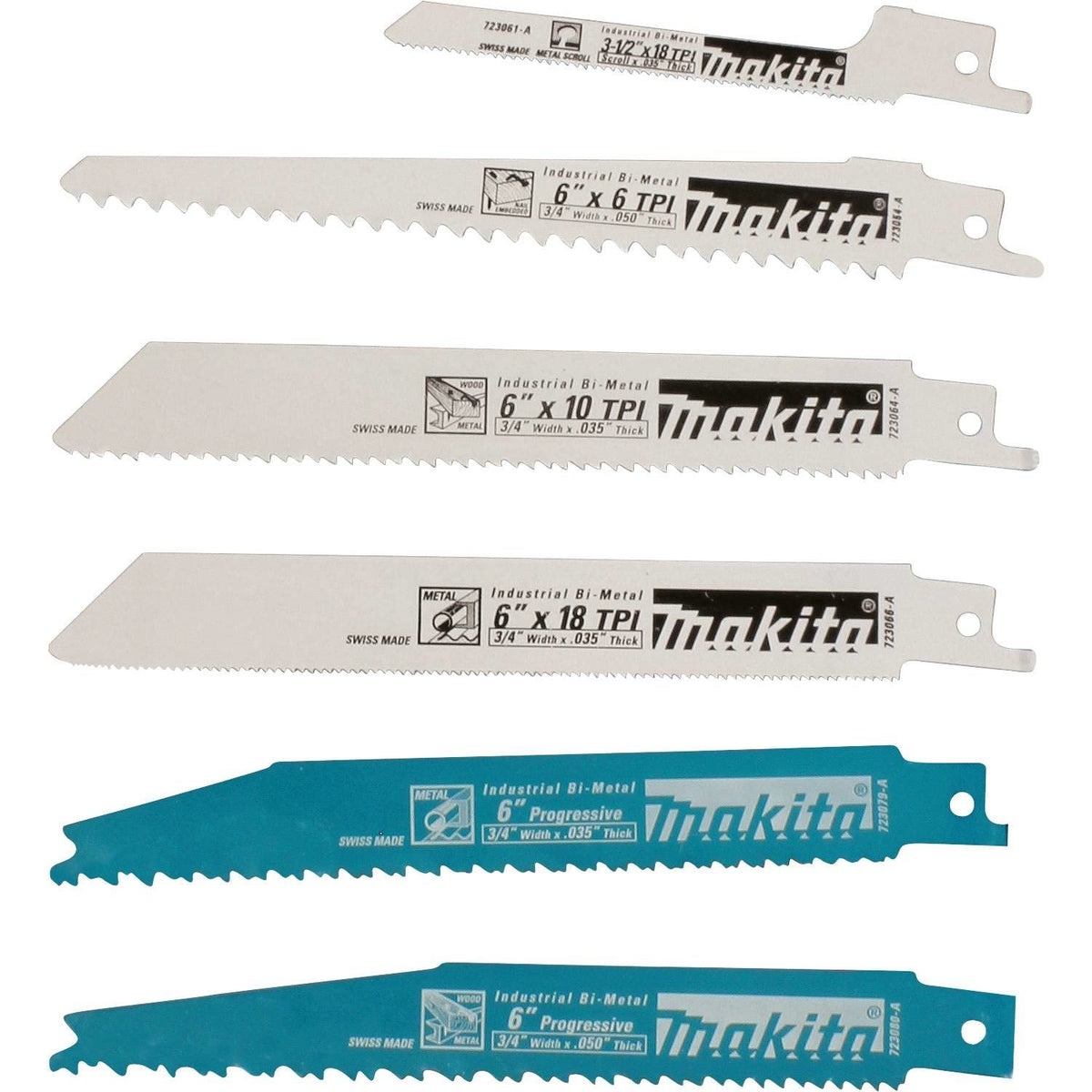 Makita 6-piece recip blade pack for versatile wood, metal, and plastic cutting.