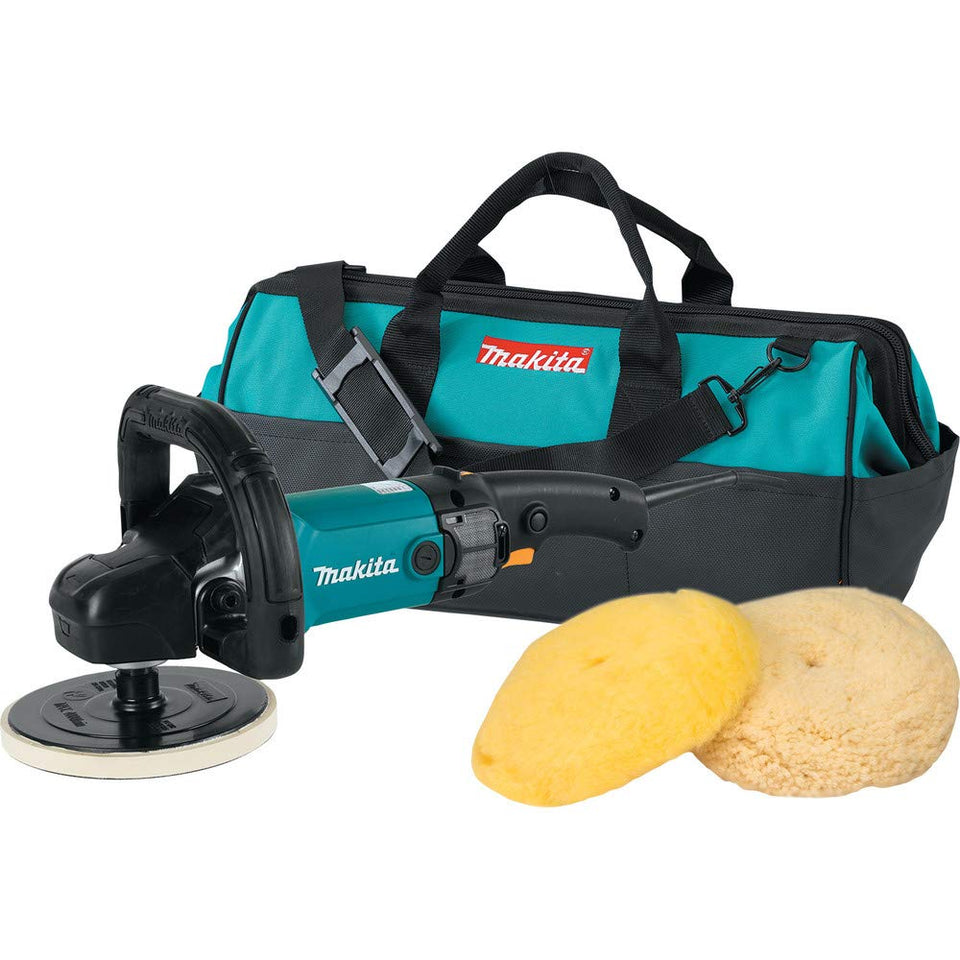 Makita 9237CX3 7-inch polisher front view highlighting ergonomic design for comfortable use