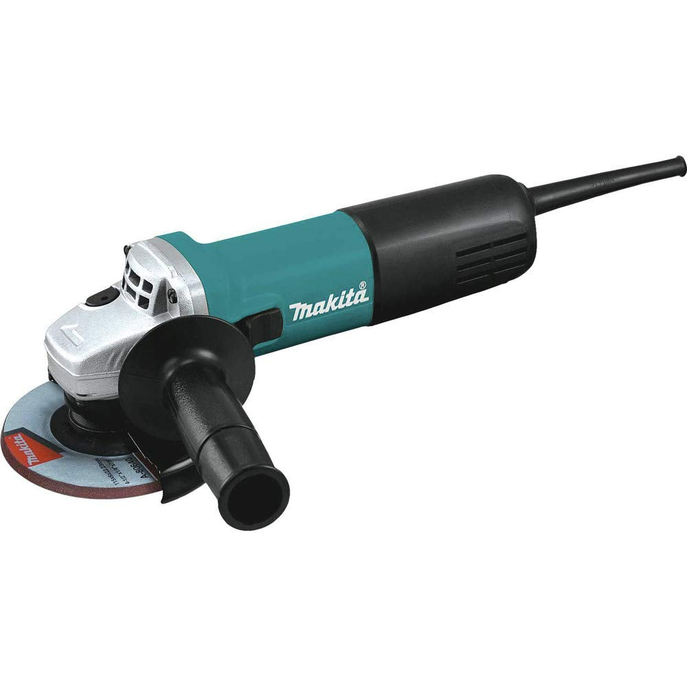 Makita 9557NB angle grinder, teal front view, ideal for metal edge prep.