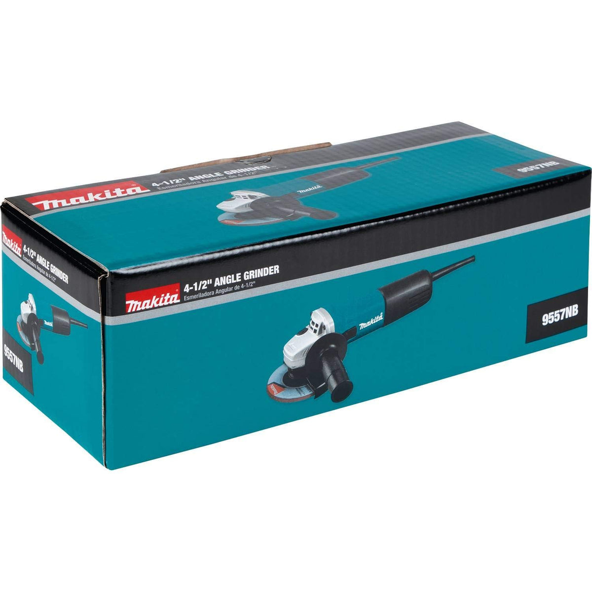 Makita 9557NB in use with guard and wheel showcases versatile grinding and cutting.