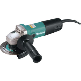 Makita 9557NB with teal side view shows compact, comfortable handle for extended use.