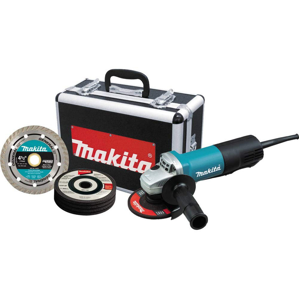 Makita 9557PBX1 angle grinder in use for versatile cutting and grinding tasks.