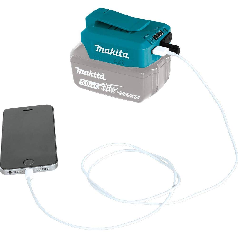 Makita ADP05 shown mounted on a compatible battery for portable charging.