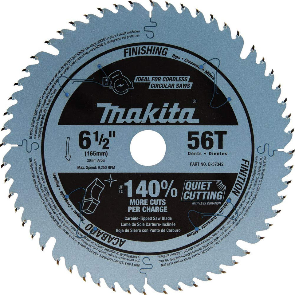 Makita B-57342 carbide-tipped blade close-up highlighting durable tips for precise cuts.