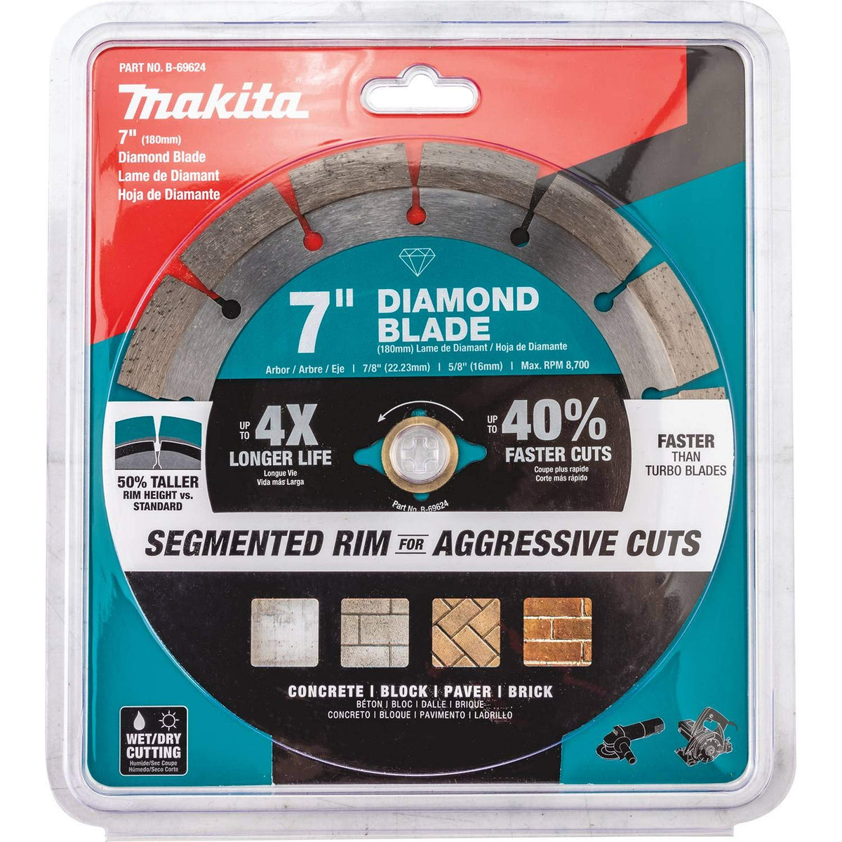 Makita B-69624 blade cutting concrete, brick, and block for faster, smoother results.