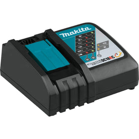 Makita battery LED indicator shows charge level for easy monitoring.
