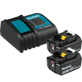 Makita starter pack with 4.0Ah battery in charger for fast recharge.
