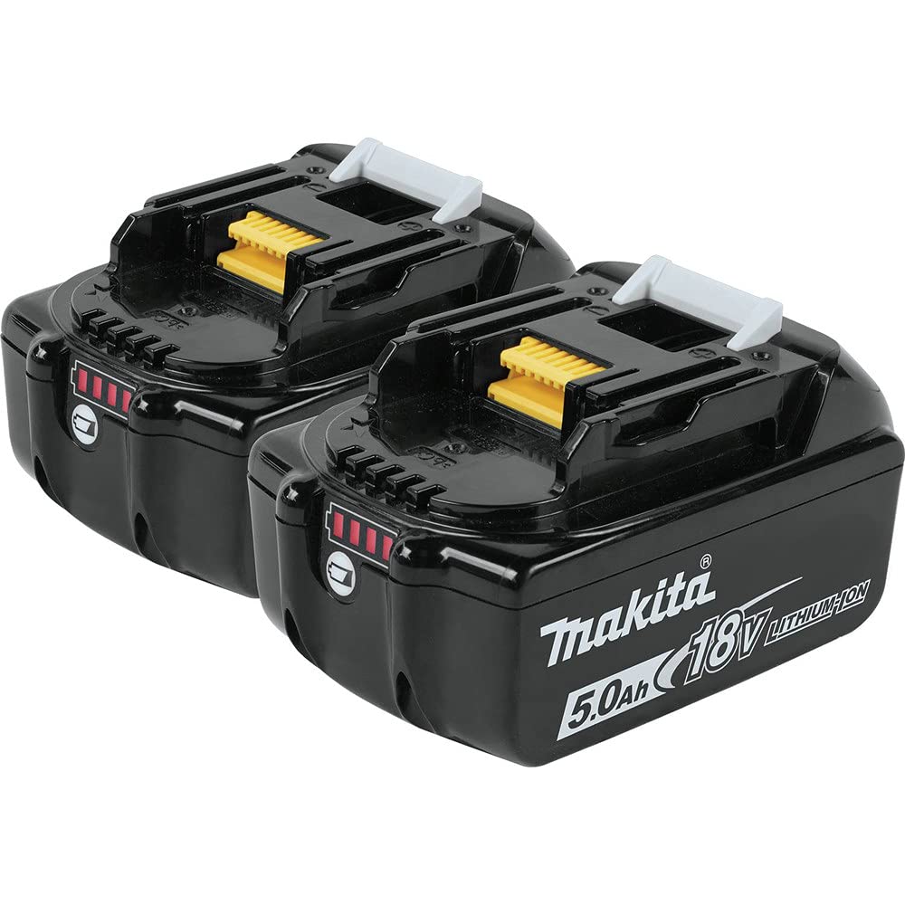 Makita BL1850B-2 5.0Ah battery front view showing extended runtime.