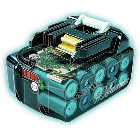 LED charge indicator close-up on Makita battery for quick status.