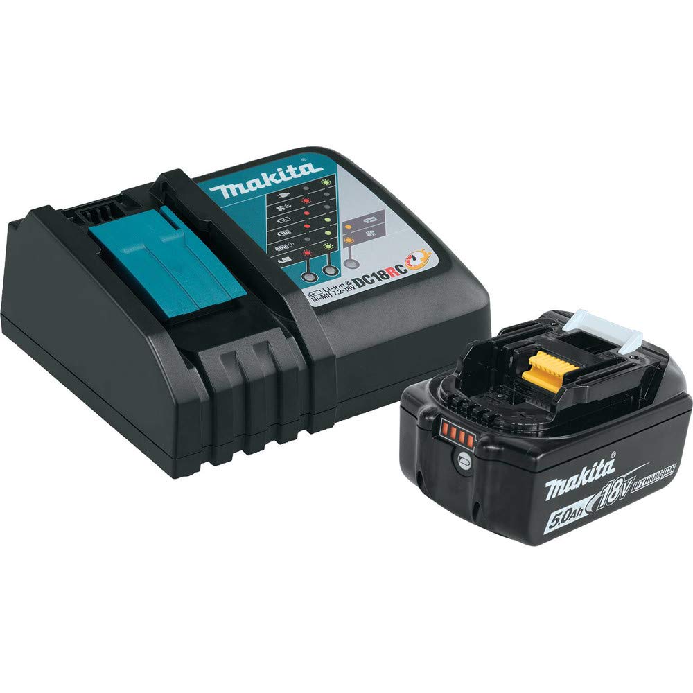 Makita BL1850BDC1 5.0Ah battery front view highlighting extended runtime.