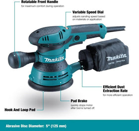 Adjustable front handle on Makita BO5041K for sanding in corners.