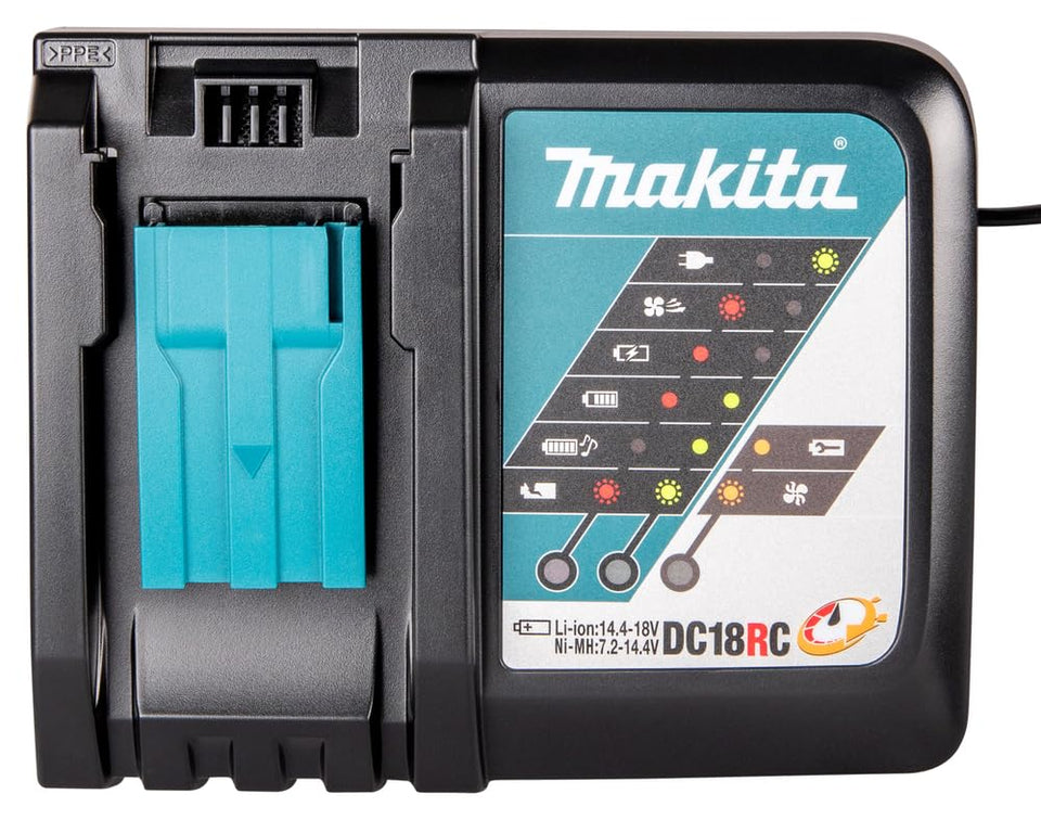 Makita DC18RC rapid optimum charger front view highlighting fast charging