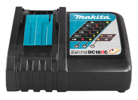 Makita DC18RC rapid optimum charger front view powering 18V batteries