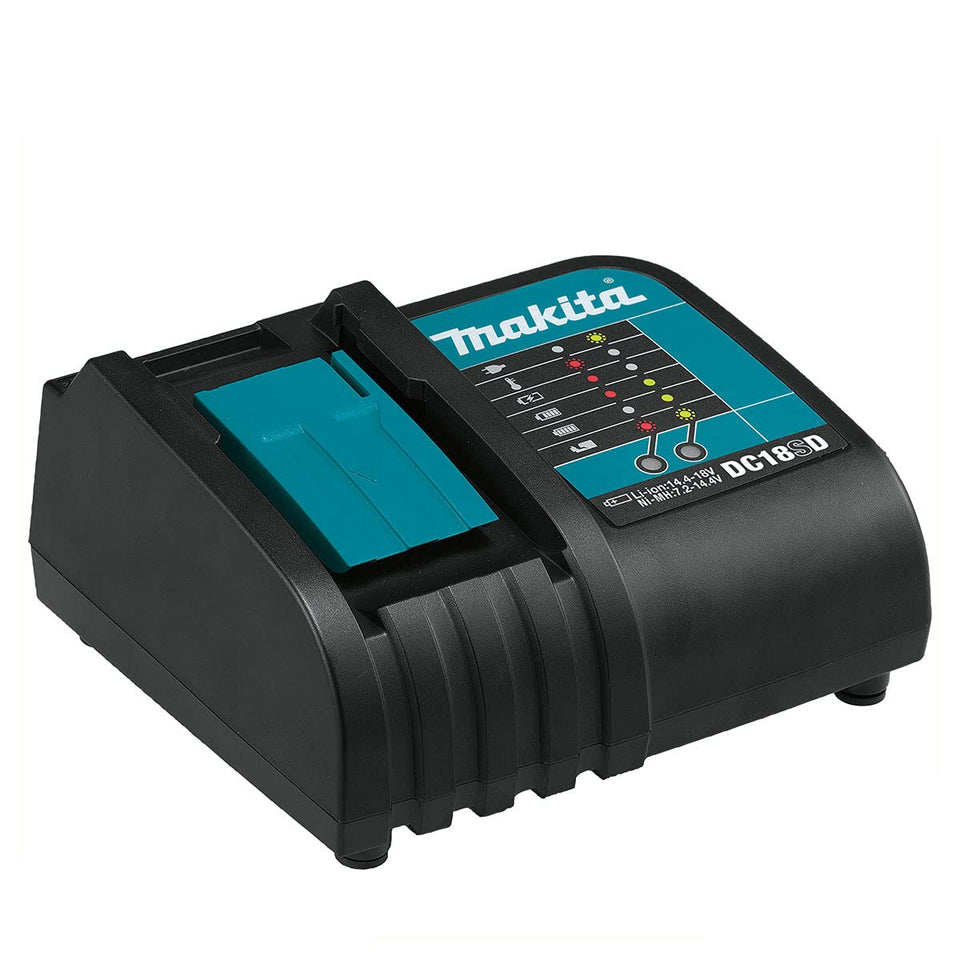 Makita DC18SD charger front view highlighting compact fast-charge design