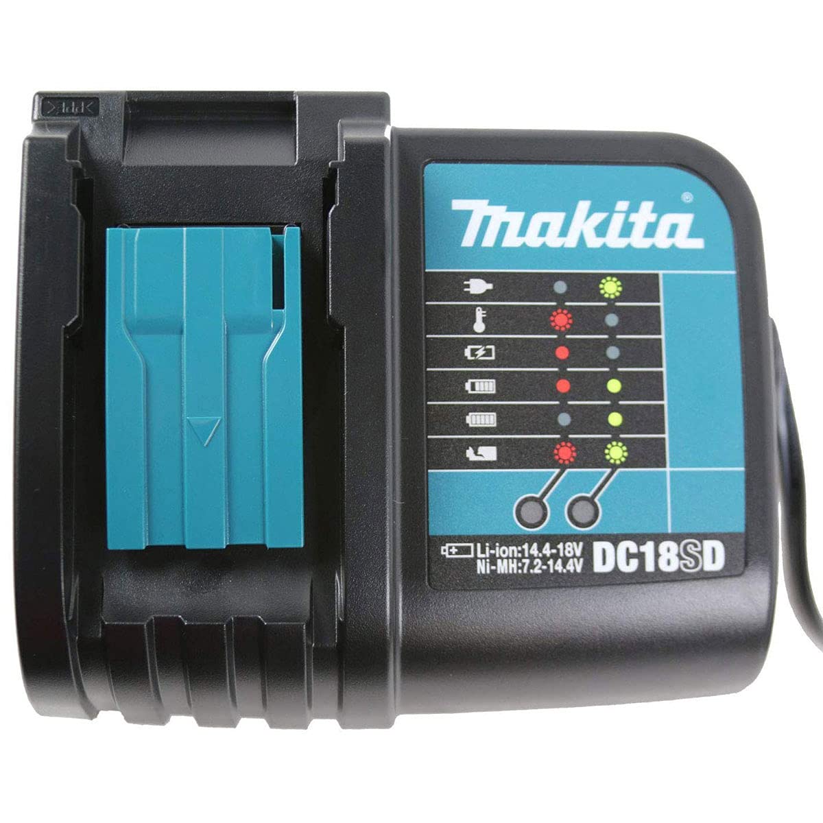 Makita DC18SD charger side view showing slim profile and ventilation