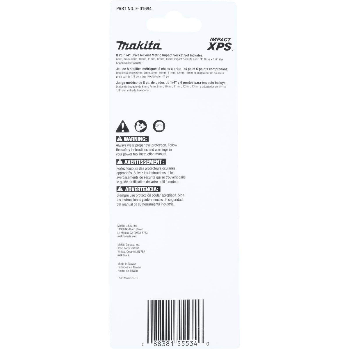 Makita E-01694 black oxide-coated sockets resist corrosion for longer life.