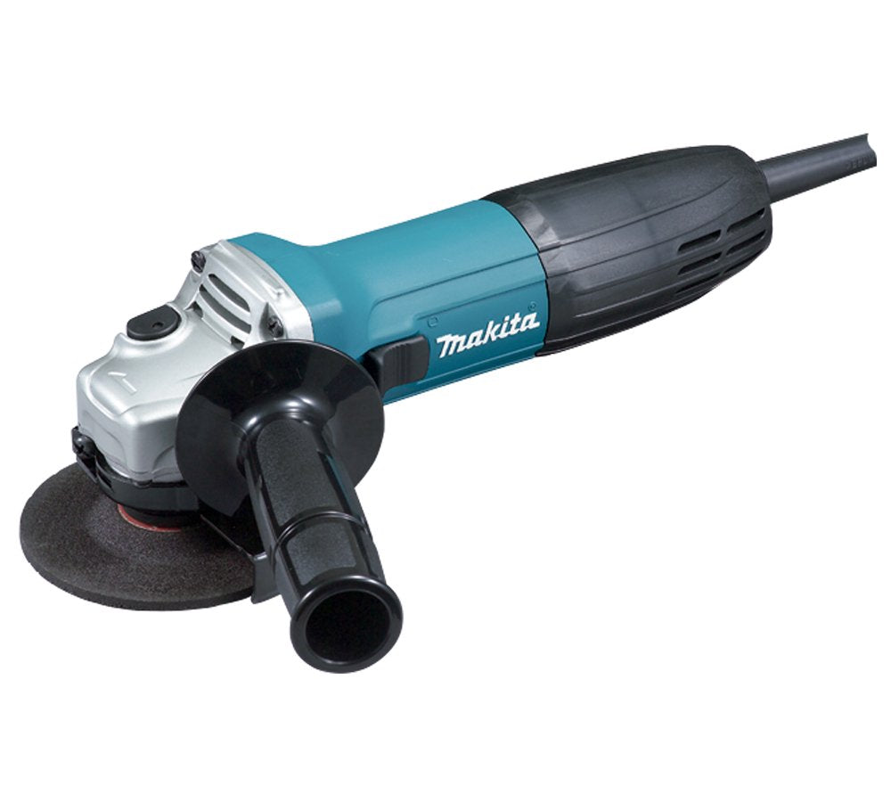 Makita GA4030 4-inch angle grinder for weld smoothing and surface prep with dust protection