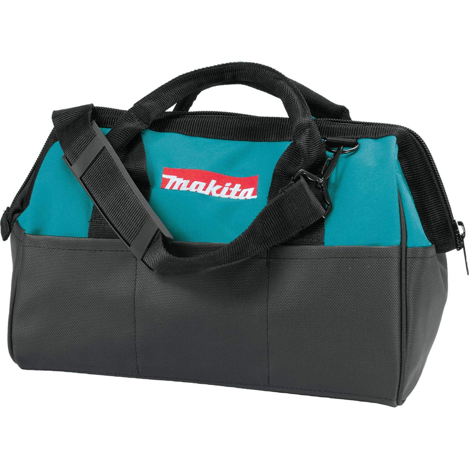 Makita heavy-duty 14in contractor tool bag front view showing reinforced handles for easy transport