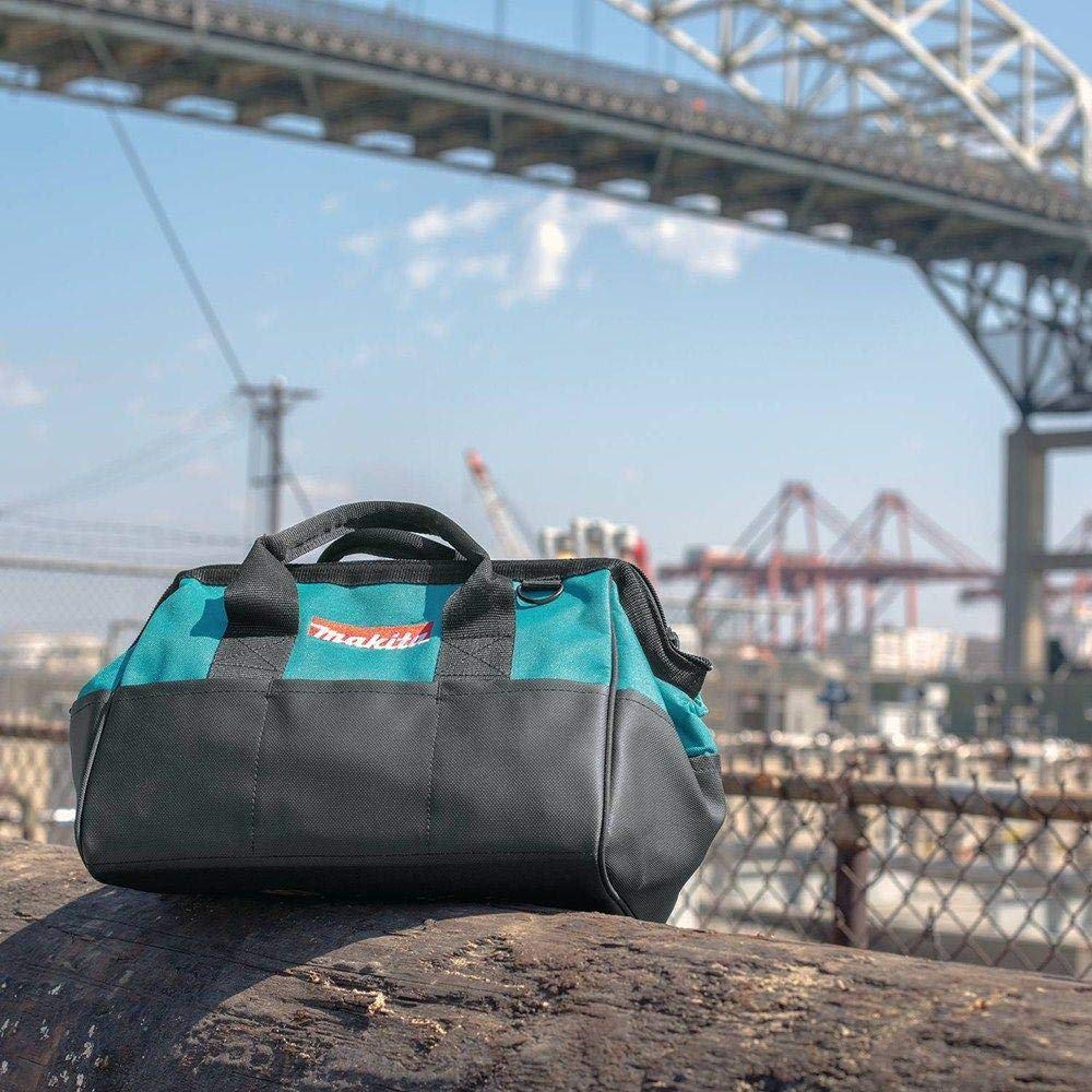 Makita 14in contractor bag open compartment showing tool organization