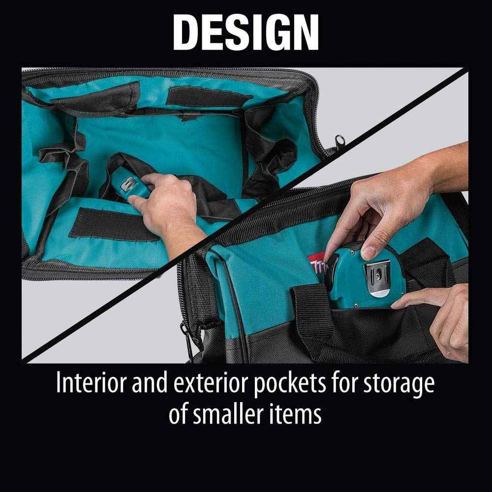 Makita bag with shoulder strap in use for hands-free carry