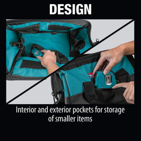 Makita bag with shoulder strap in use for hands-free carry