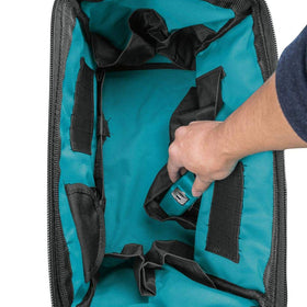 Makita tool bag with side pocket view highlighting organized storage for fasteners