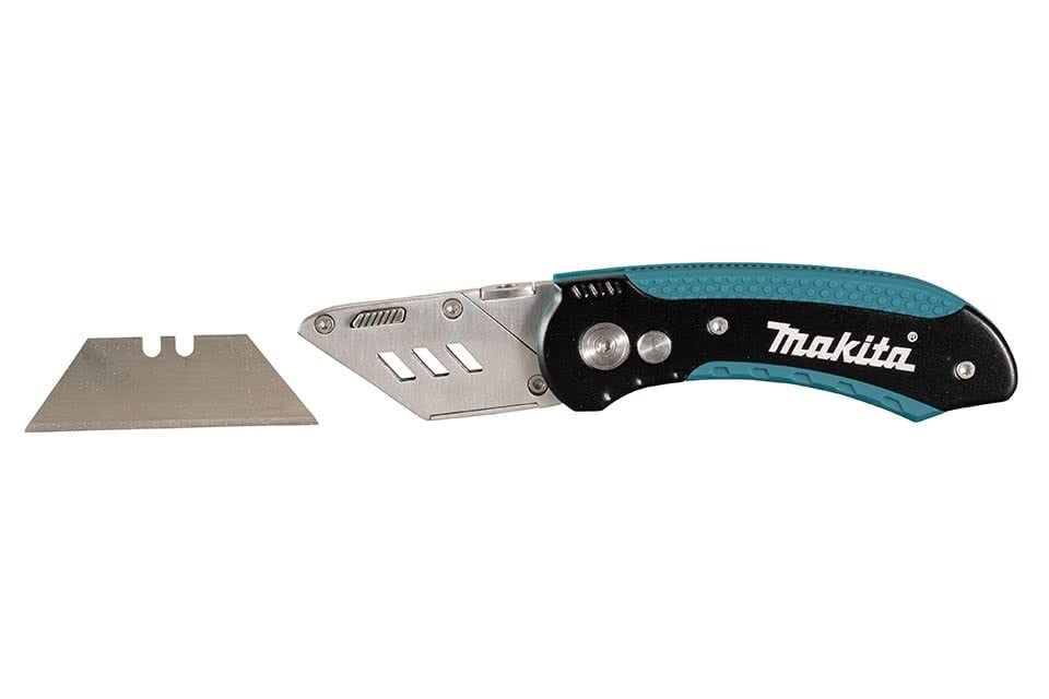 Makita Quick Change Folding Knife belt clip access for easy grab-and-go use.