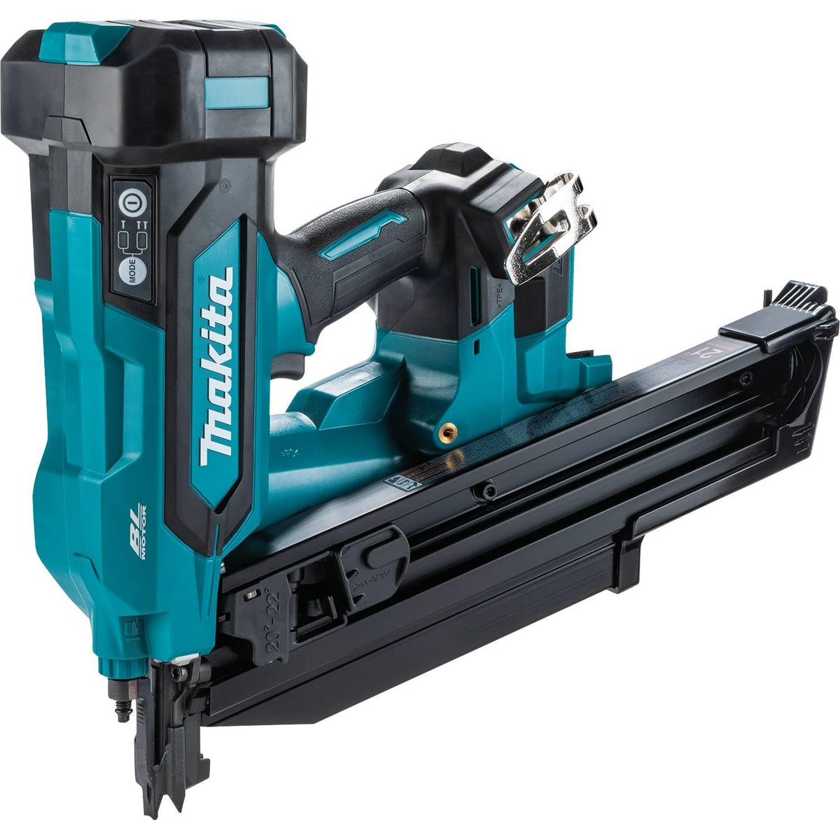 Makita XNB03Z 21° full-round-head-nailer shows nailer reach and angle control