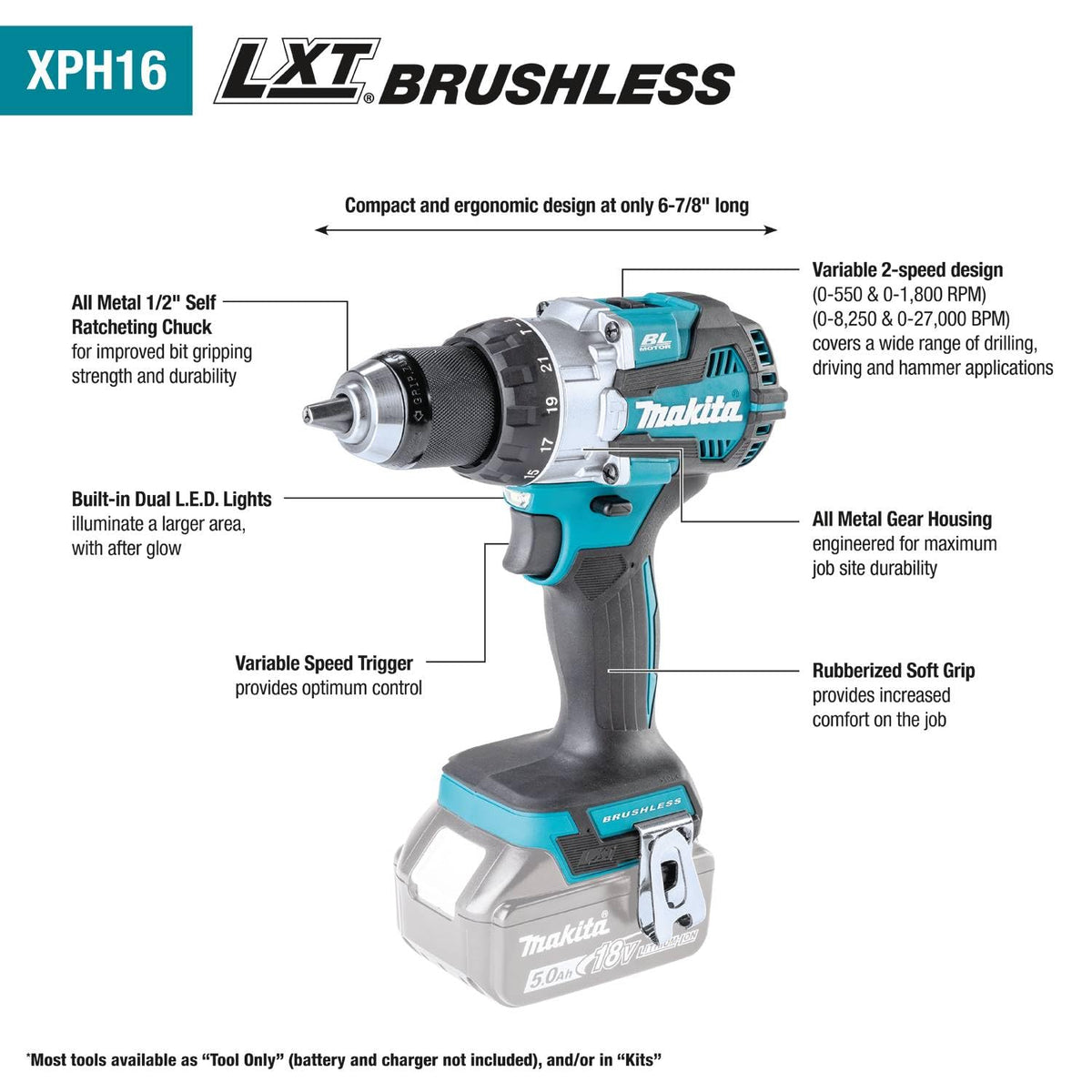 Makita XPH16Z brushless motor for efficient power and longer run time.