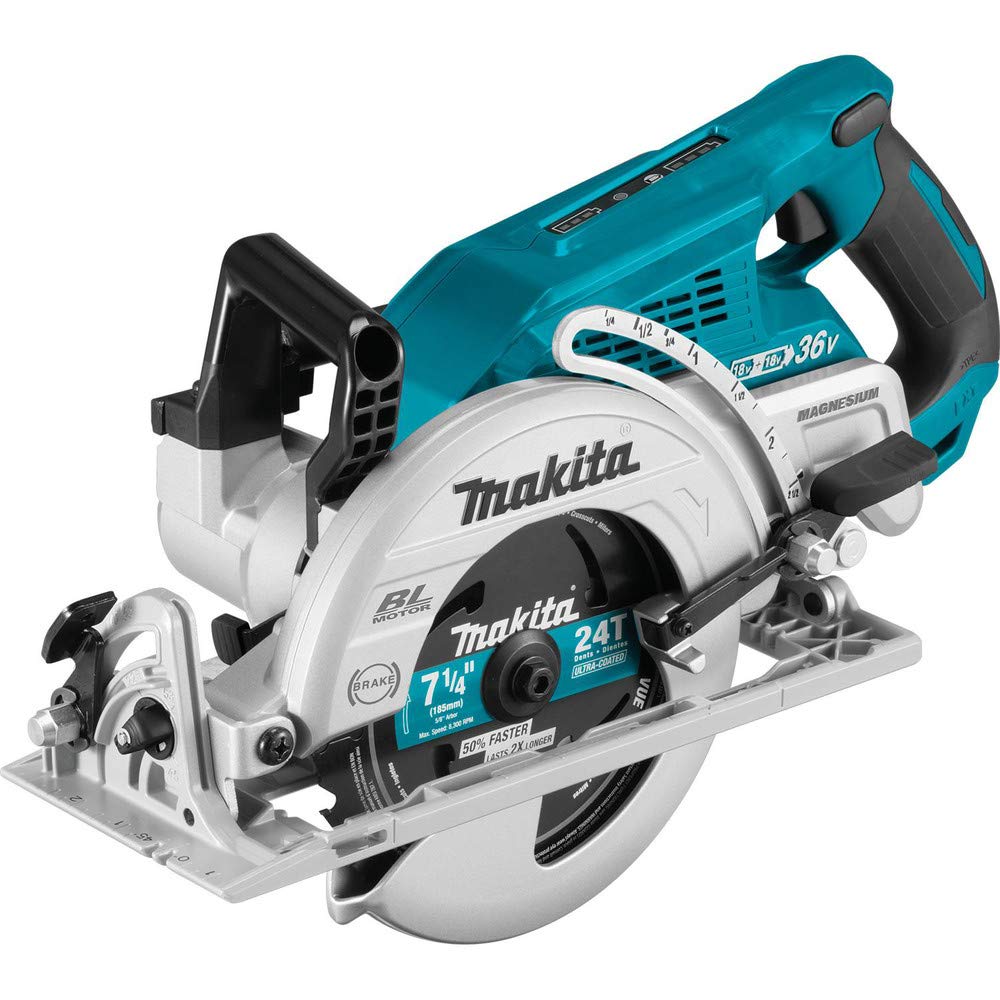 Makita XSR01PT rear handle design enabling better control during cuts.