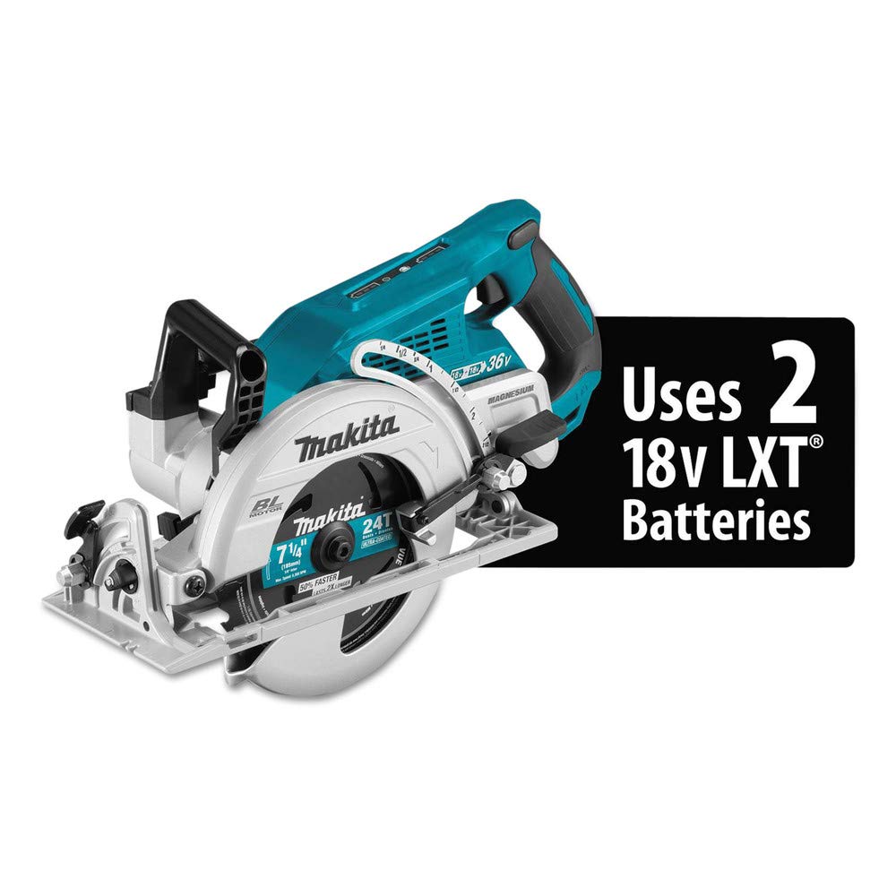 Makita XSR01Z cutting capacity 2-9/16 inches at 90 degrees for deep crosscuts.