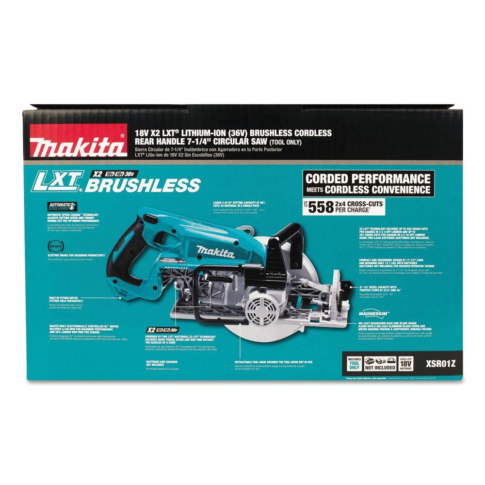 Makita XSR01Z rear-handle design enables controlled, precise cuts.