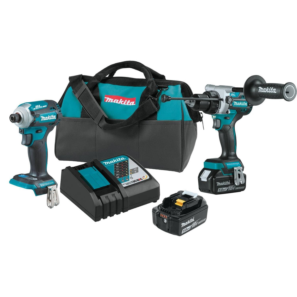 Makita XT288T dual-tool kit front view highlighting compact, portable design for tight spaces
