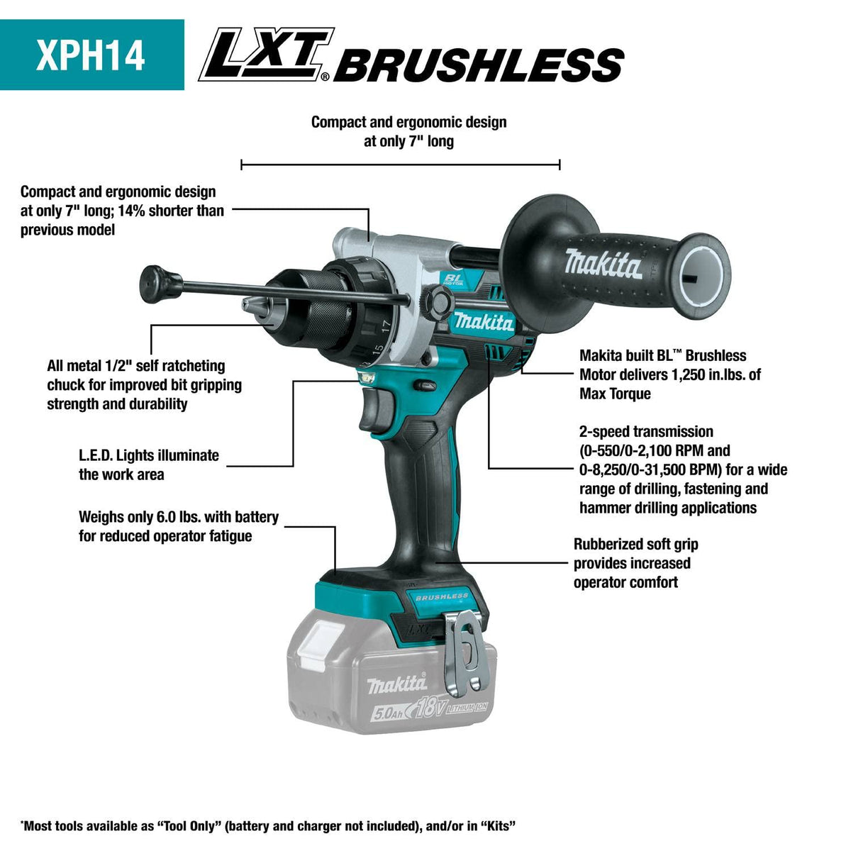 Makita XT288T hammer drill XPH14 with LED for precise drilling