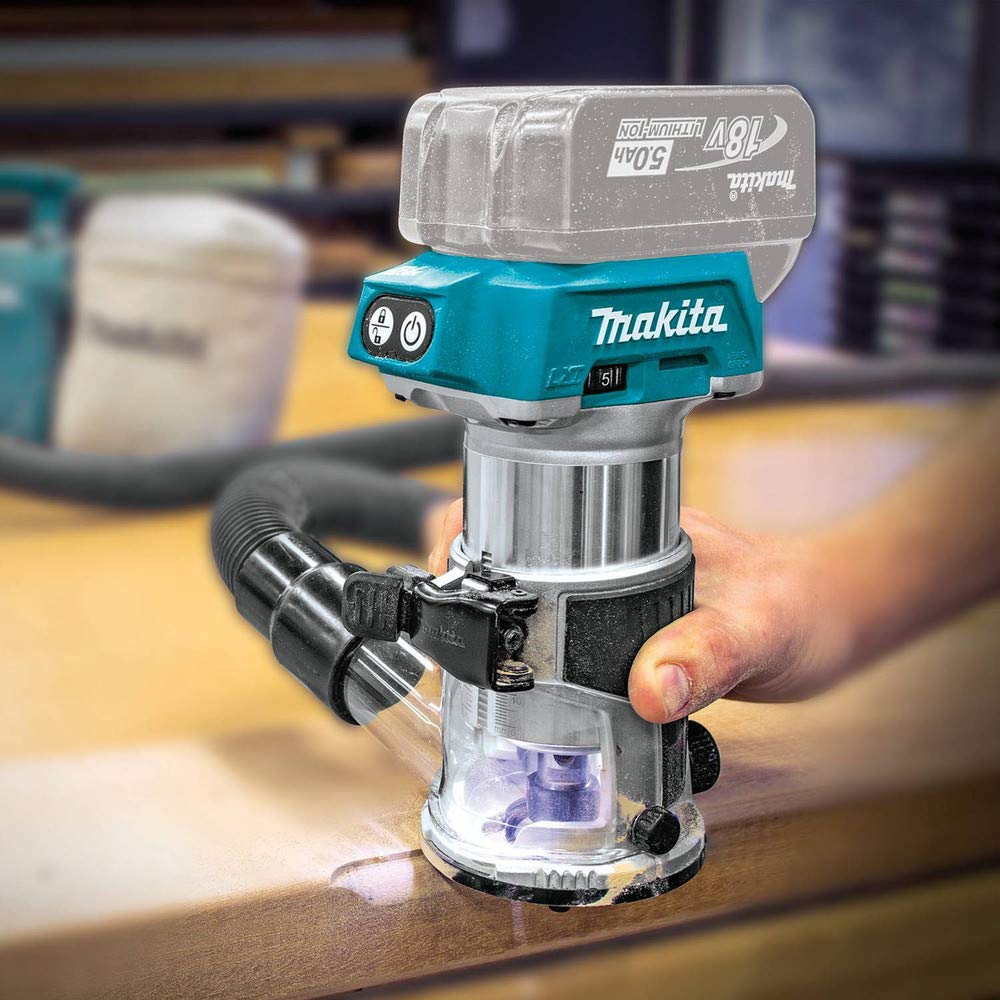 Makita XTR01Z dual LED lights illuminate work surface for precise routing.