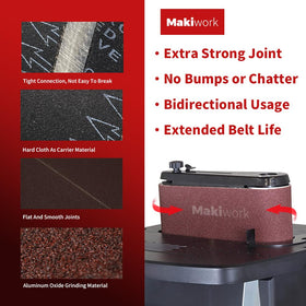 Makiwork 150-grit belt balances material removal and smoothness for intermediate sanding.