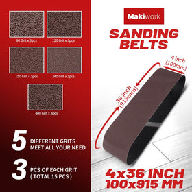Makiwork aluminum oxide belt for wood, durable abrasive surface.