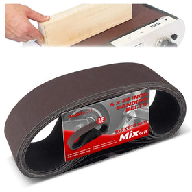 Makiwork 4x36 inch sanding belts set in use for wood finishing.