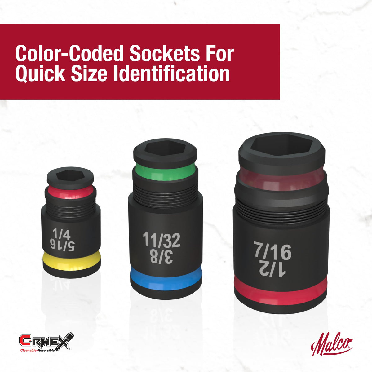 Malco 7-in-1 C-RHEX color-coded sockets arranged for quick identification.